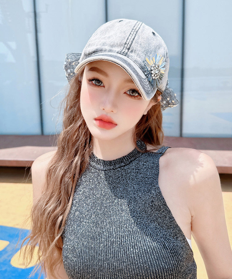Versatile Sequin Hat Flower Baseball Rhinestone Bow Cap Fashion