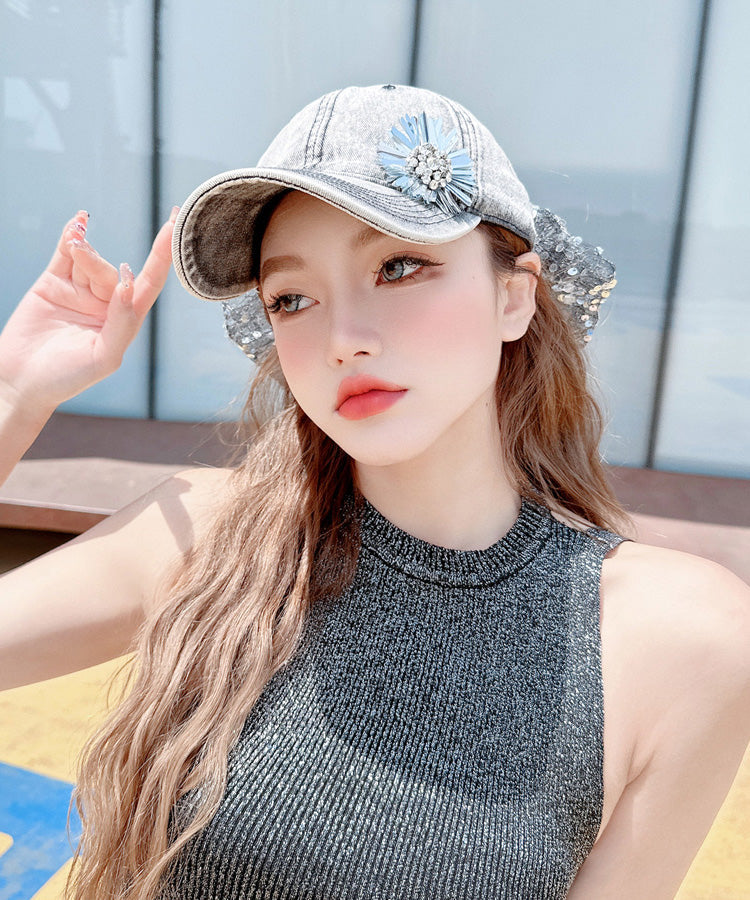 Fashion Hat Flower Baseball Rhinestone Versatile Bow Sequin Cap