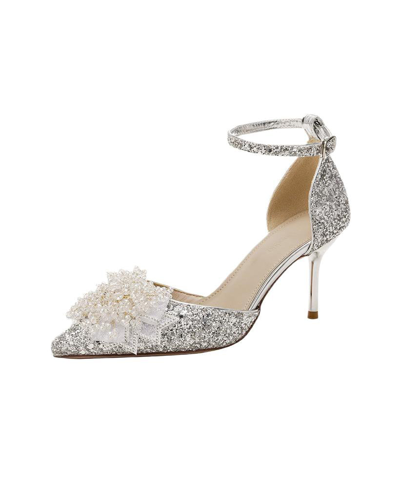 Stiletto Pointed High Fashion Sequins Toe Splicing Silver Heels
