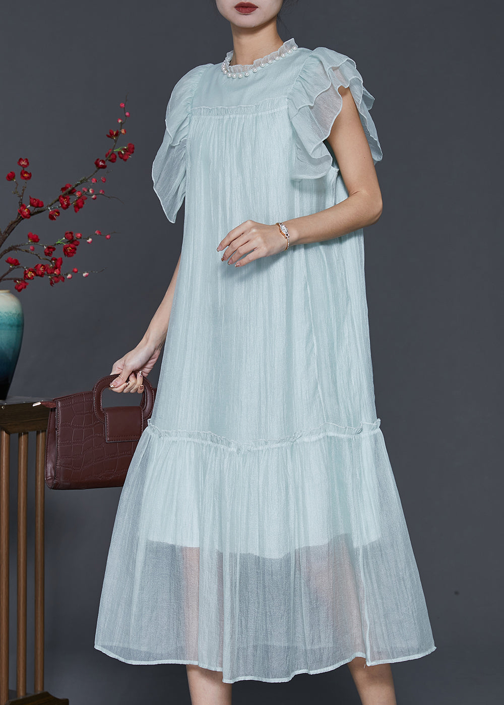 Fashion Sky Blue Ruffled Silk Maxi Dresses Summer SD1099