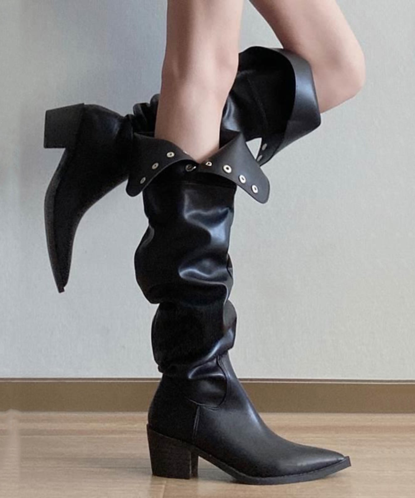 Fashion Splicing Chunky Knee Boots Black Faux Leather WT019