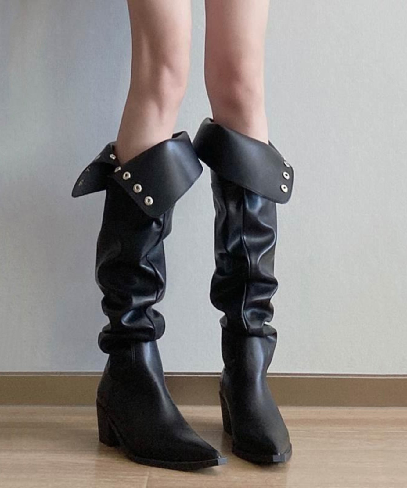 Fashion Splicing Chunky Knee Boots Black Faux Leather WT019