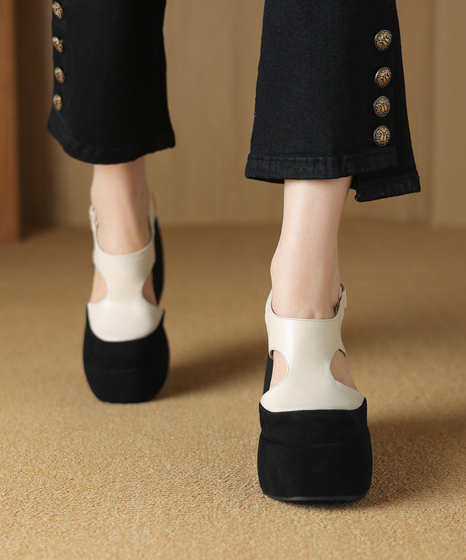 White Cowhide Leather Hollow Platform Fashion Sandals Splicing