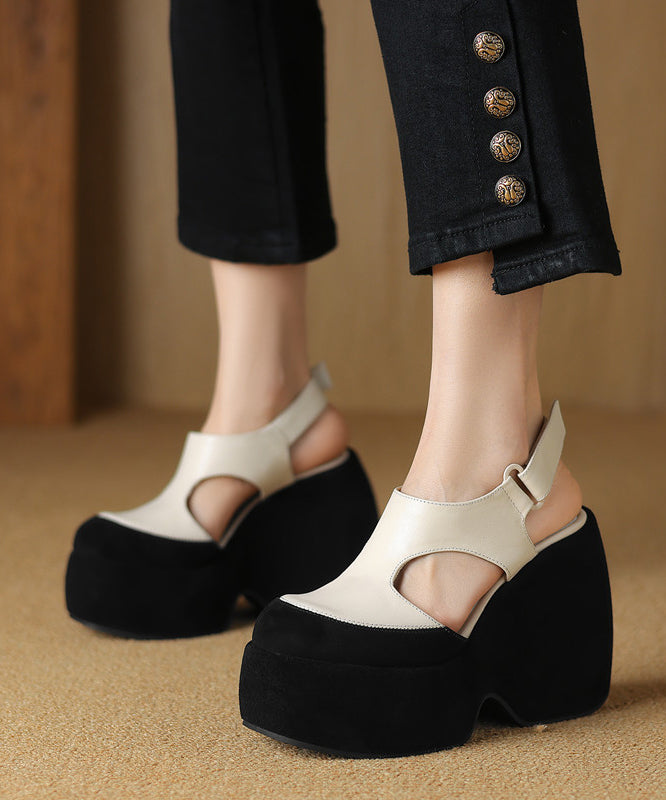 White Cowhide Leather Hollow Platform Fashion Sandals Splicing