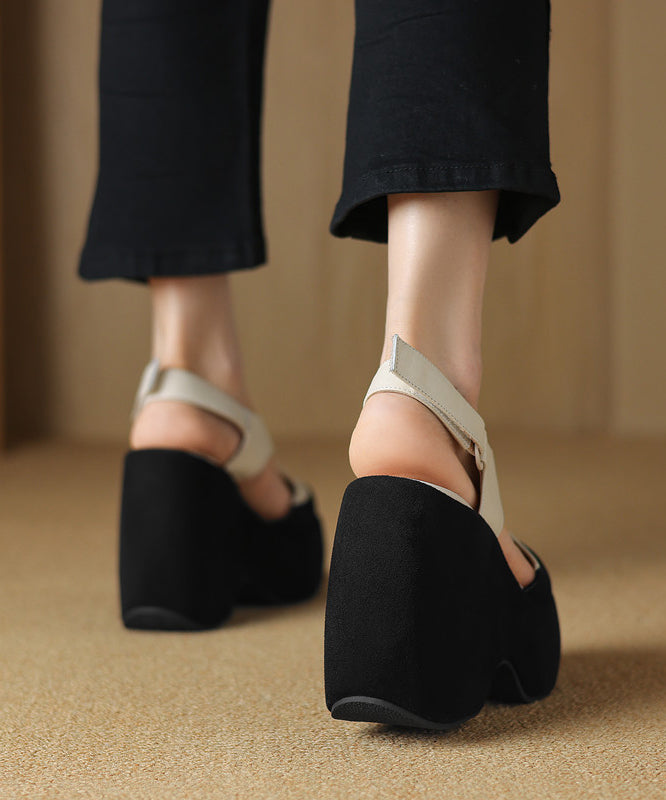 White Cowhide Leather Hollow Platform Fashion Sandals Splicing