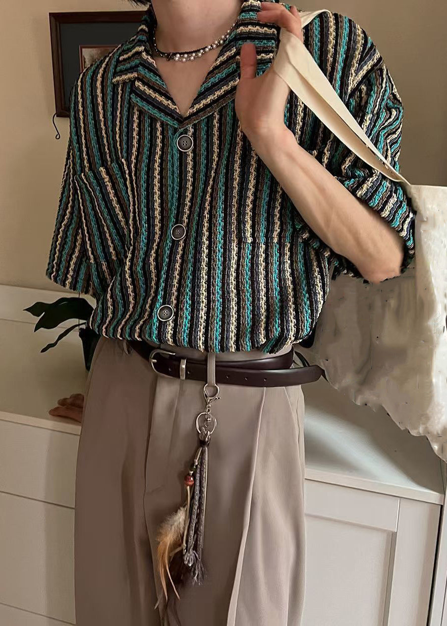 Pockets Summer Mens Shirts Button Striped Cotton Fashion
