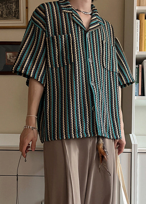 Pockets Summer Mens Shirts Button Striped Cotton Fashion