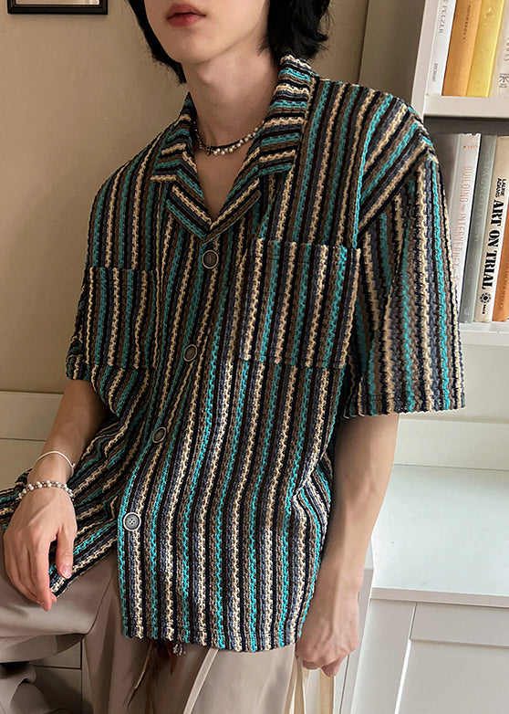 Pockets Summer Mens Shirts Button Striped Cotton Fashion
