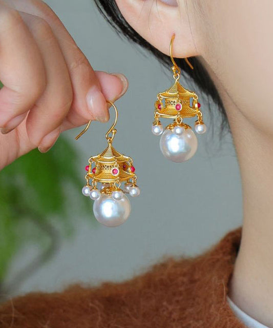 Fashion White Ancient Gold Pearl Agate Palace Lantern Drop Earrings GH1083