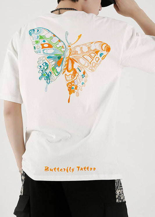 T Summer Fashion Shirts Cotton Embroideried White Butterfly