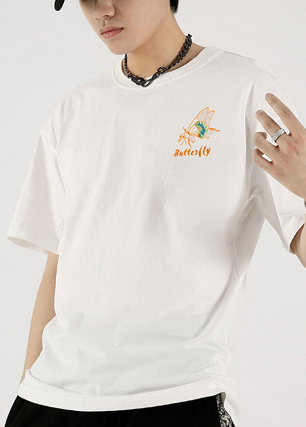 T Summer Fashion Shirts Cotton Embroideried White Butterfly