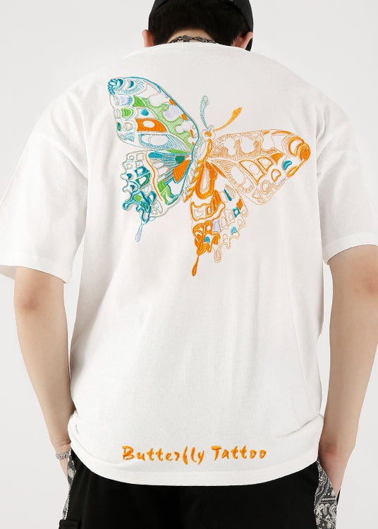 T Summer Fashion Shirts Cotton Embroideried White Butterfly