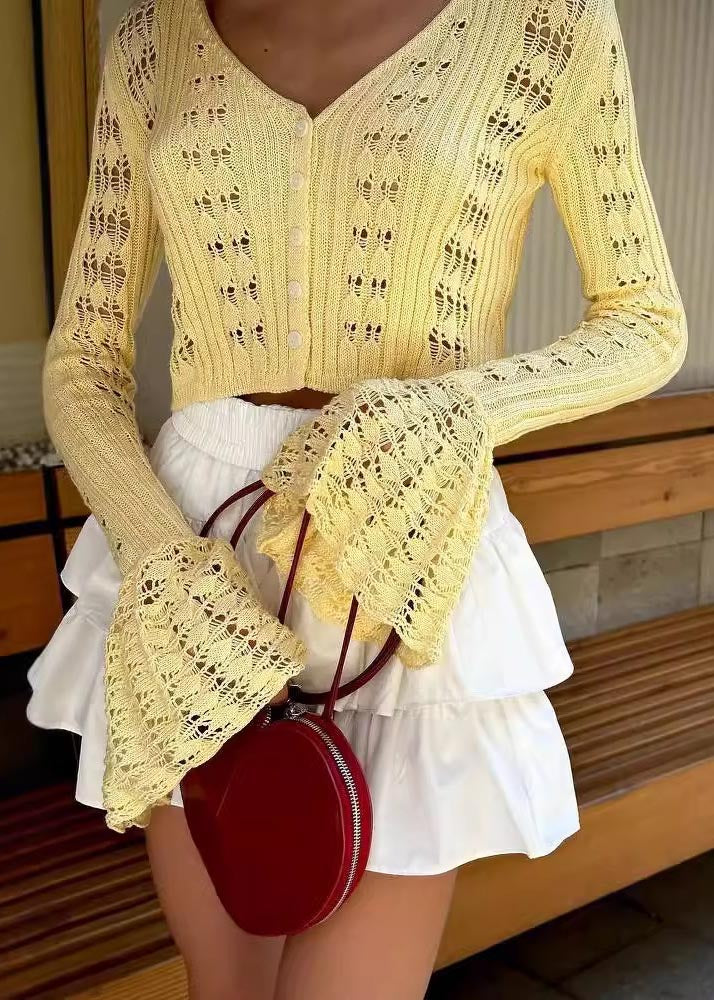 White Flare Fashion Sleeve Out Knit Shirts Hollow