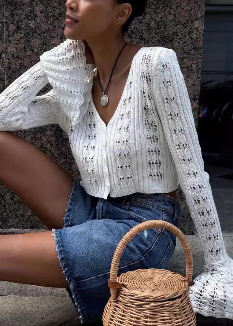 White Flare Fashion Sleeve Out Knit Shirts Hollow