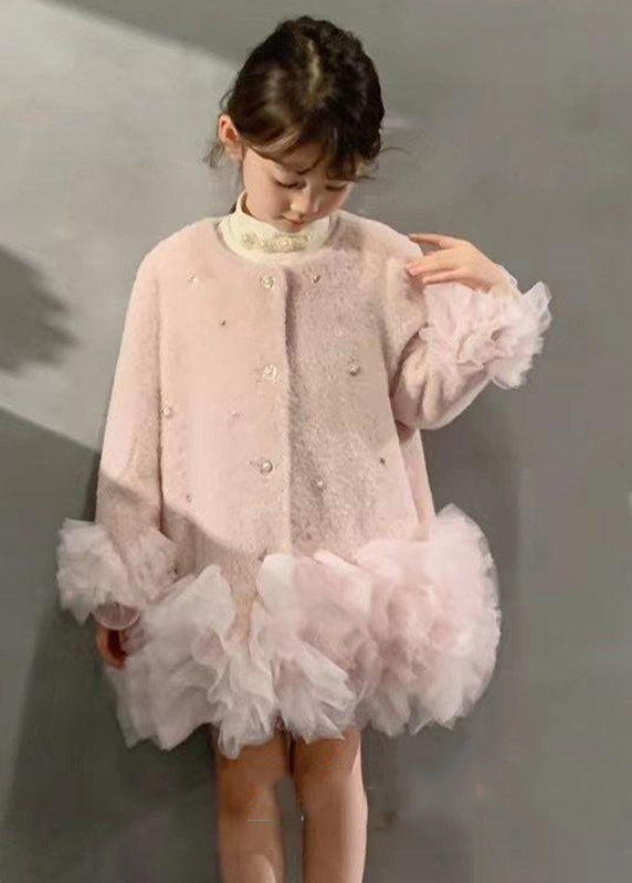 Fashion White O-Neck Button Tulle Patchwork Girls Mid Dresses Winter WL021