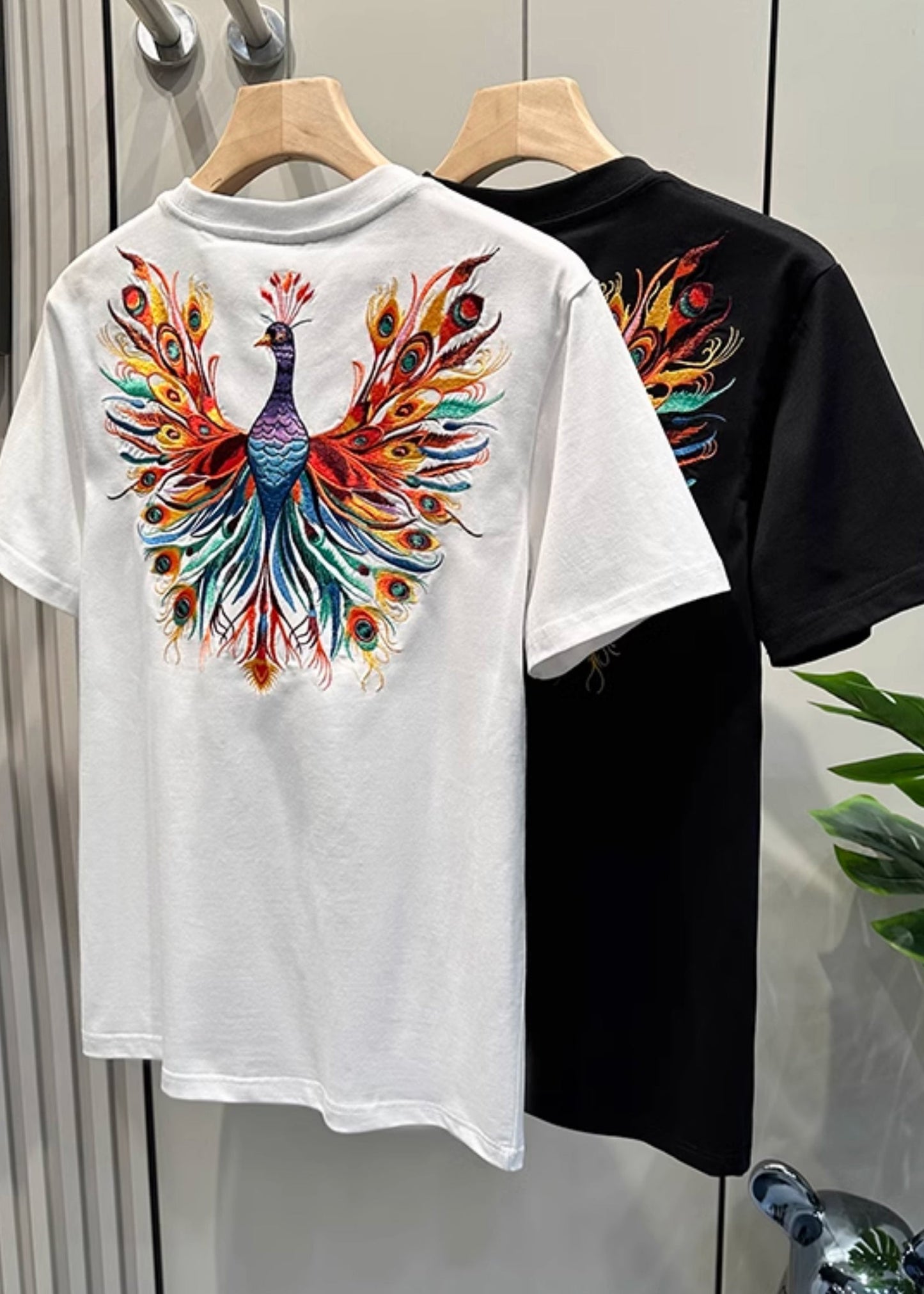 Peacock Summer Fashion Shirt Embroideried White T Cotton Men