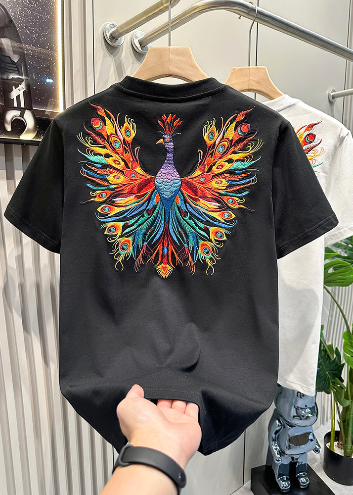 Peacock Summer Fashion Shirt Embroideried White T Cotton Men