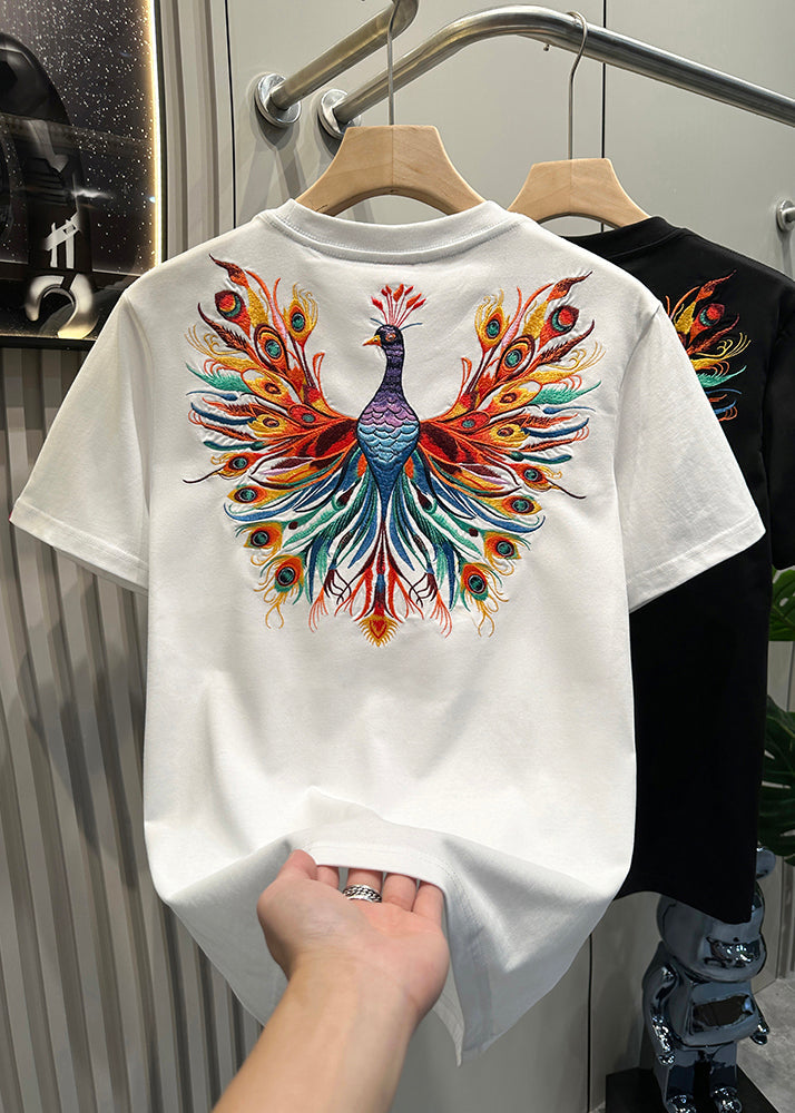 Peacock Summer Fashion Shirt Embroideried White T Cotton Men