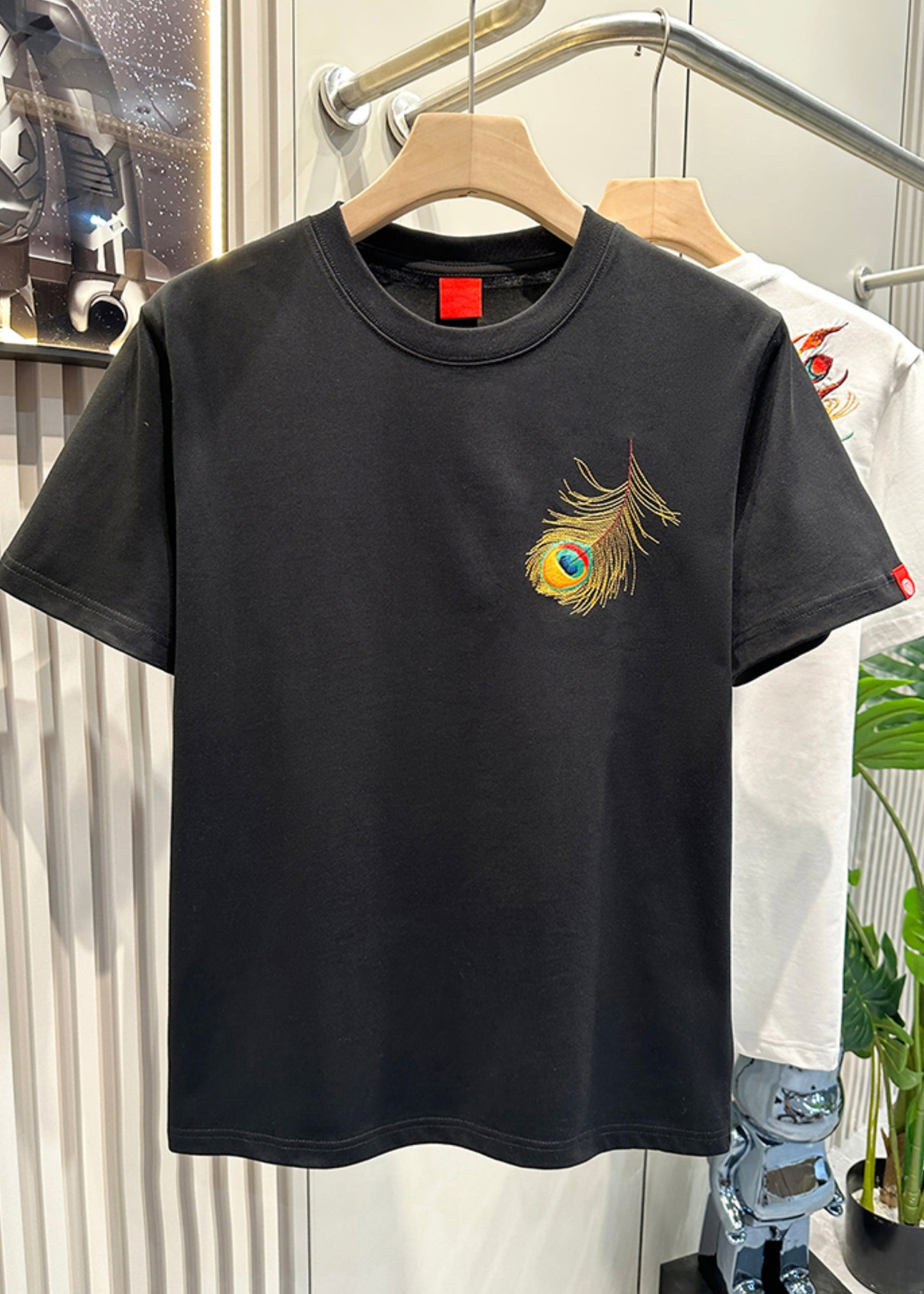 Peacock Summer Fashion Shirt Embroideried White T Cotton Men