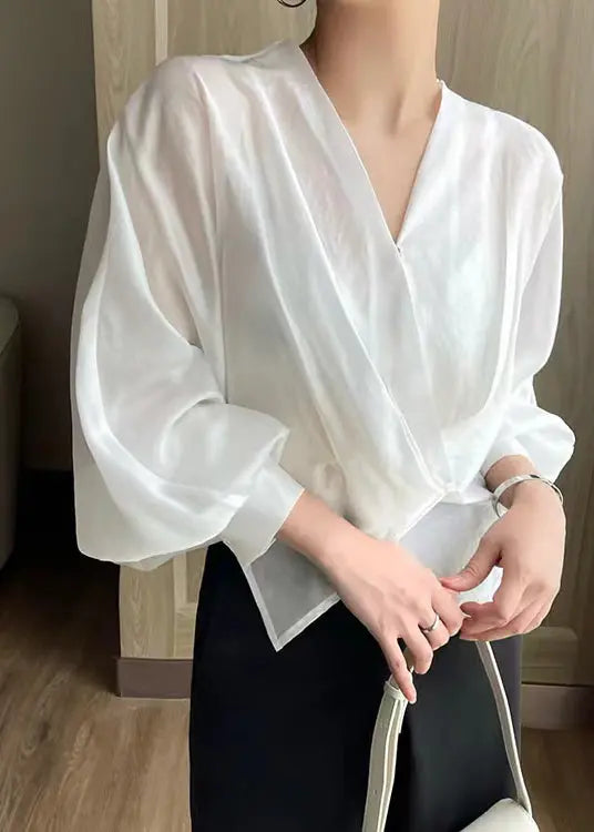 Fashion White V Neck Asymmetrical Silk Thin Shirts Spring Ada Fashion