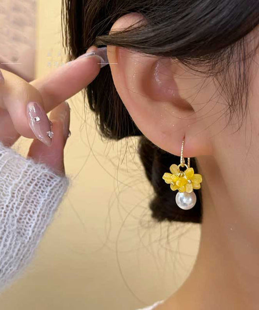 Pearl Floral Yellow Acrylic Hoop Alloy Earrings Fashion
