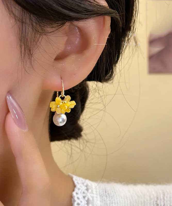 Pearl Floral Yellow Acrylic Hoop Alloy Earrings Fashion