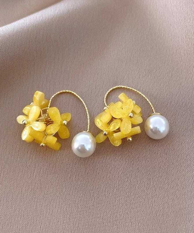 Pearl Floral Yellow Acrylic Hoop Alloy Earrings Fashion