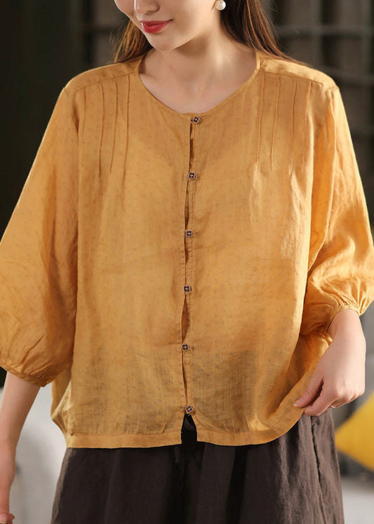 Yellow Fashion Button O Neck Linen Summer Top