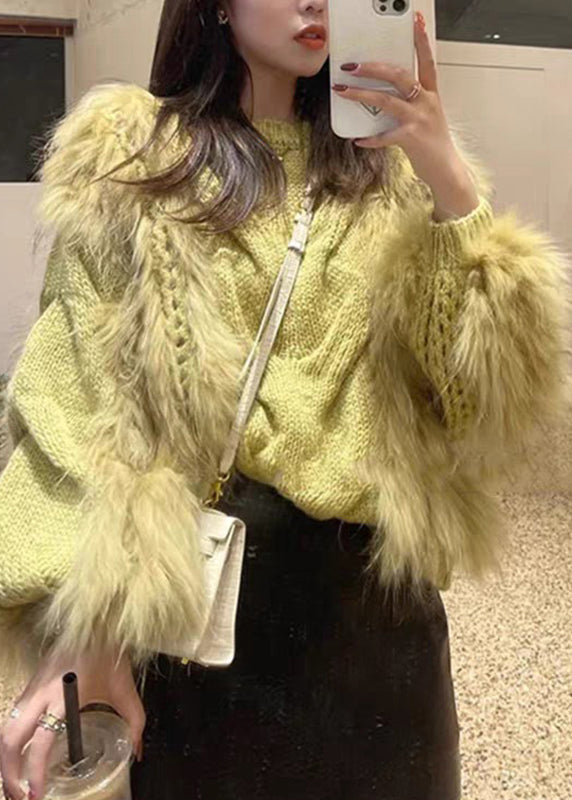 Knit Fur Cozy Fluffy Cotton Sweaters Fashion Yellow Fuzzy O-Neck
