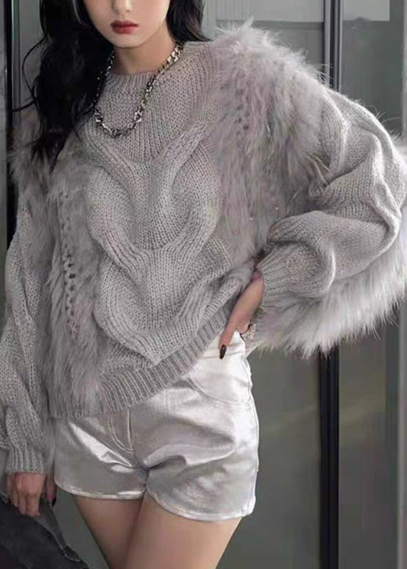 Knit Fur Cozy Fluffy Cotton Sweaters Fashion Yellow Fuzzy O-Neck