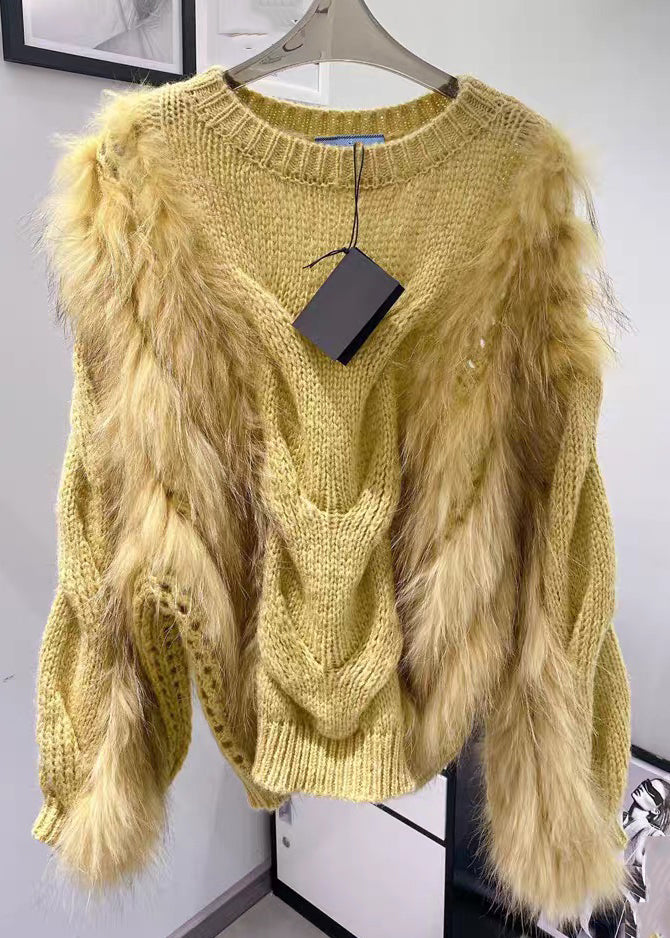 Fall Fluffy Fashion Cozy Fuzzy O-Neck Cotton Sweaters Fur Yellow Knit