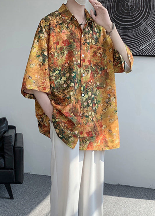 Fashion Yellow Peter Pan Collar Paintings Tour Shirts Mens Summer G174