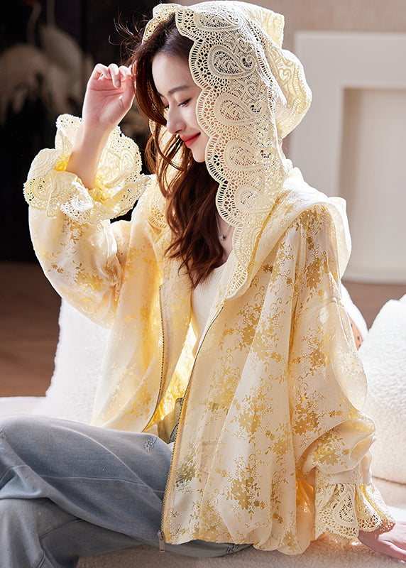 Yellow Fashion Batwing Up Hoodie Lace Coat Sleeve Zip