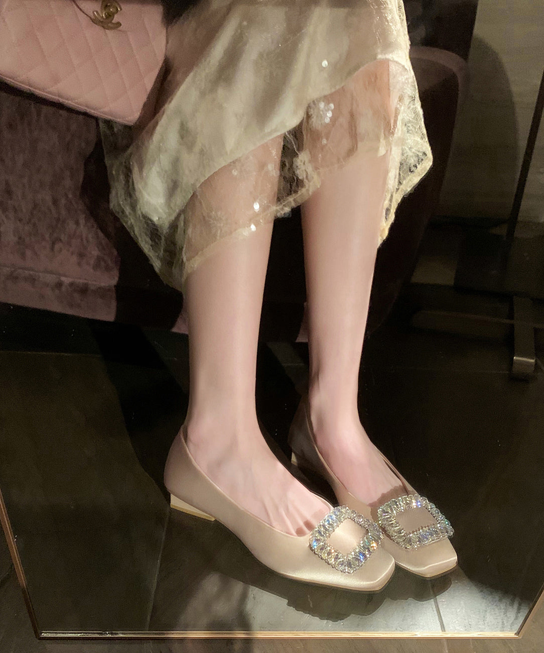 Silver Fashion Flats Leather Cowhide Zircon Sequined