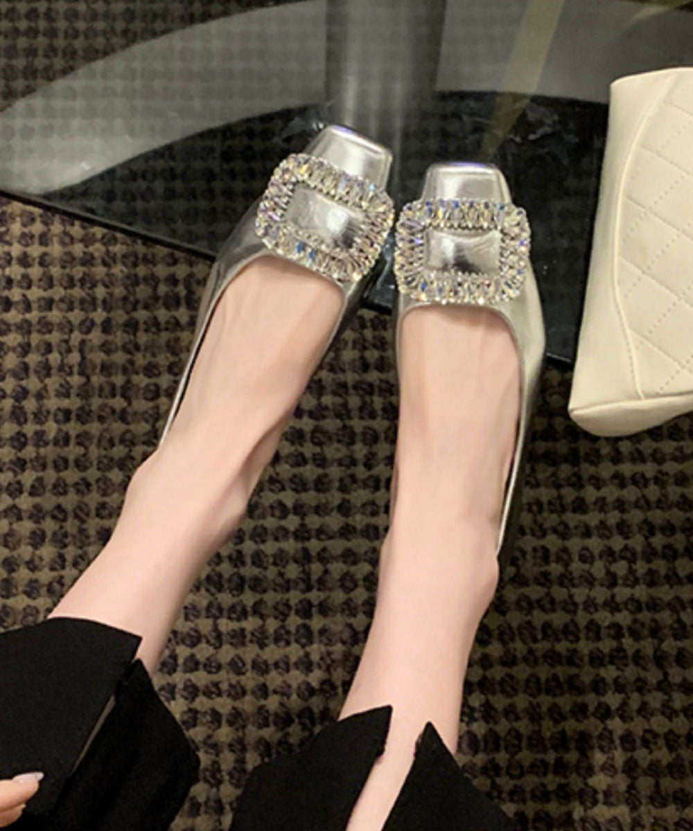 Silver Fashion Flats Leather Cowhide Zircon Sequined