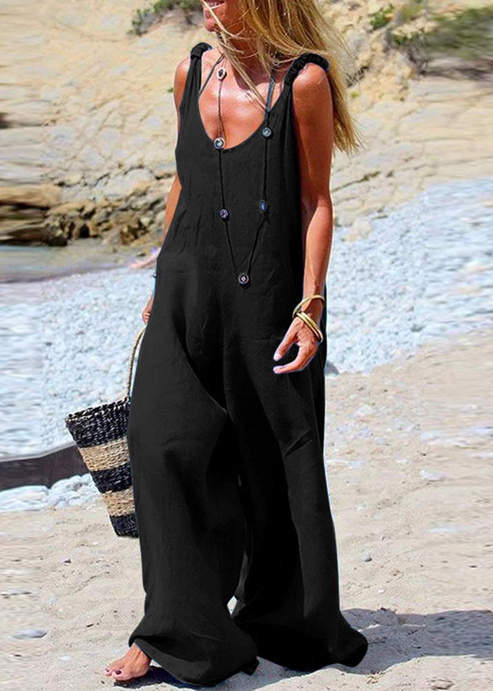Blue Jumpsuit Wide leg Navy Side Female Button Sleeveless