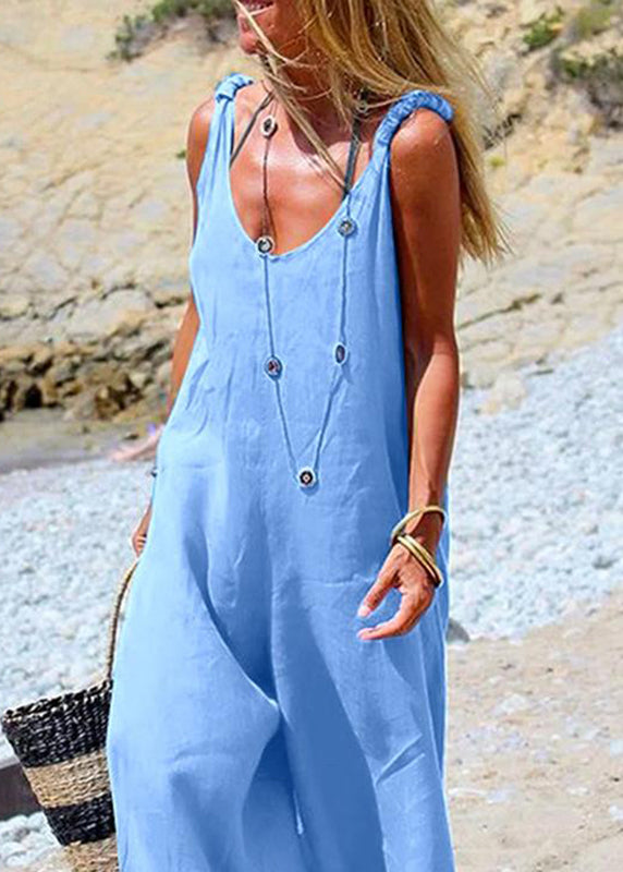Blue Jumpsuit Wide leg Navy Side Female Button Sleeveless