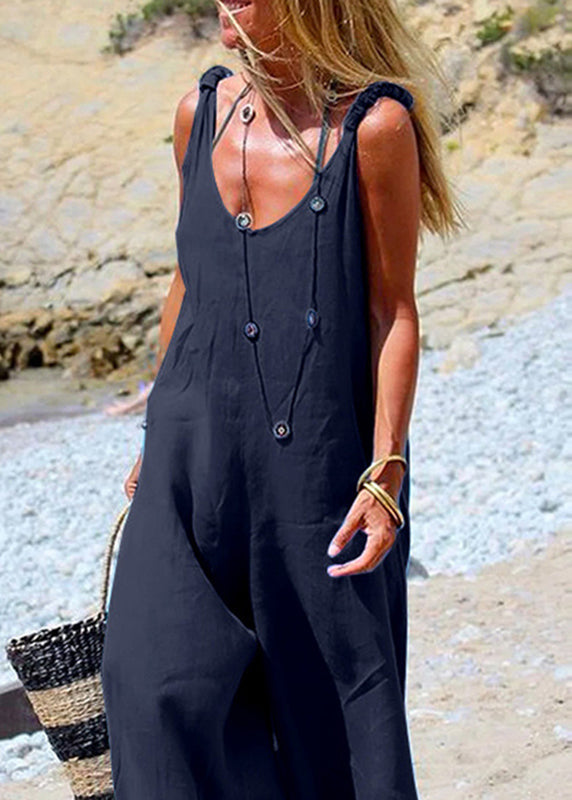 Blue Jumpsuit Wide leg Navy Side Female Button Sleeveless