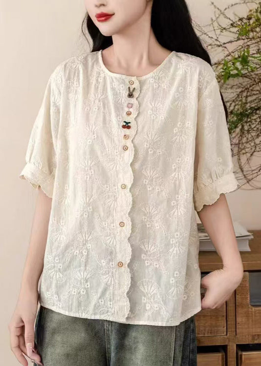 Fine Embroidered Cotton Tops Beige Summer Shirt