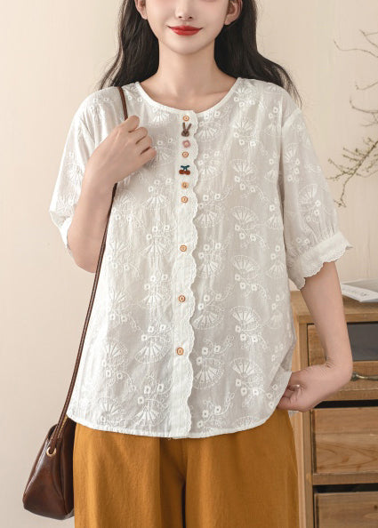 Fine Embroidered Cotton Tops Beige Summer Shirt