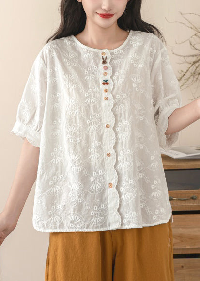 Fine Embroidered Cotton Tops Beige Summer Shirt