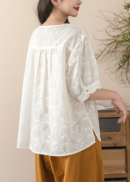 Fine Embroidered Cotton Tops Beige Summer Shirt