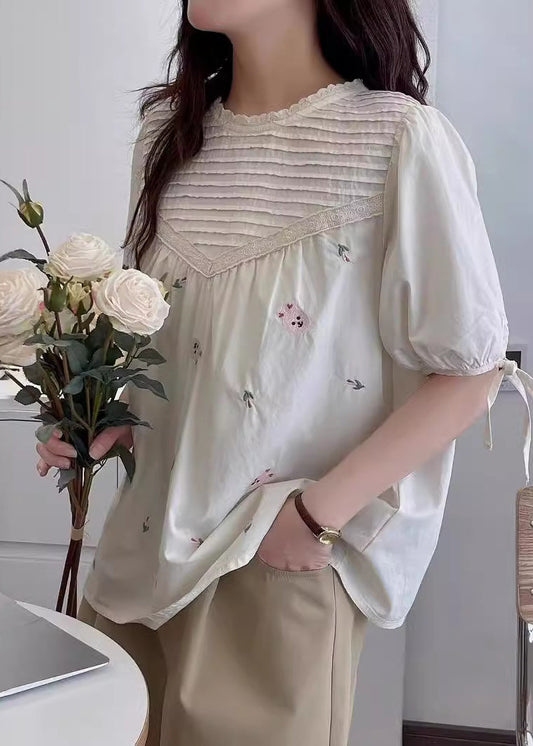 Shirt Wrinkled Beige Embroidered Summer Cotton Fine