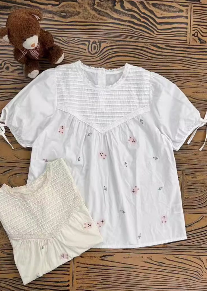 Shirt Wrinkled Beige Embroidered Summer Cotton Fine