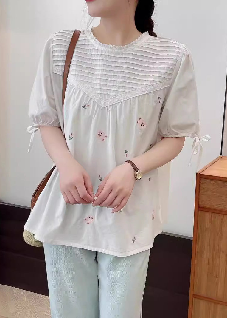 Shirt Wrinkled Beige Embroidered Summer Cotton Fine