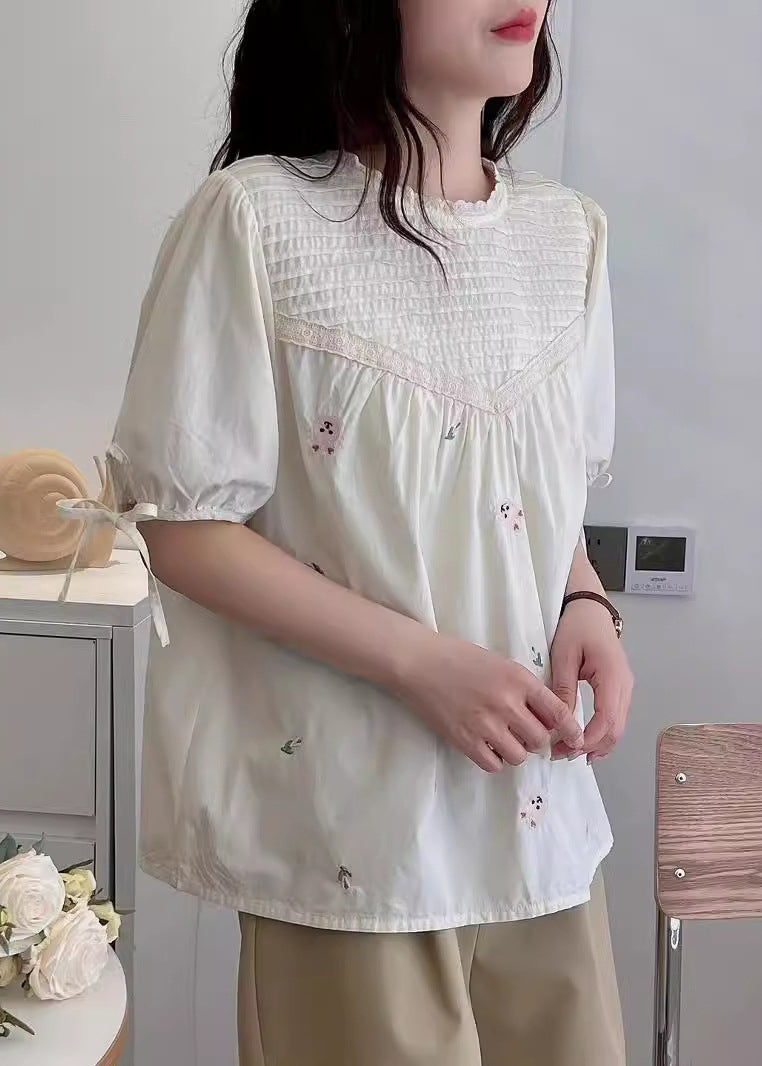 Shirt Wrinkled Beige Embroidered Summer Cotton Fine