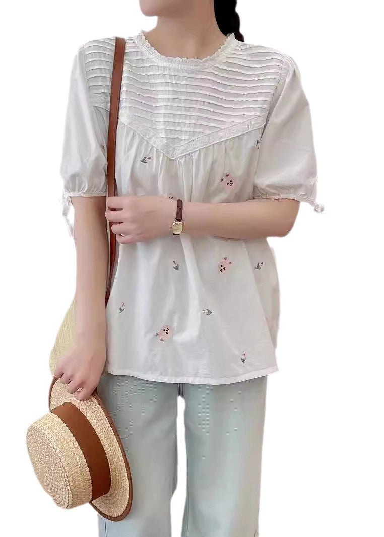 Shirt Wrinkled Beige Embroidered Summer Cotton Fine