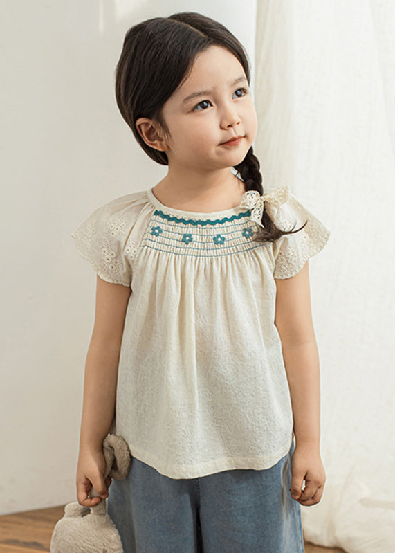 Fine Beige O-Neck Patchwork Kids T Shirt Short Sleeve SS1026