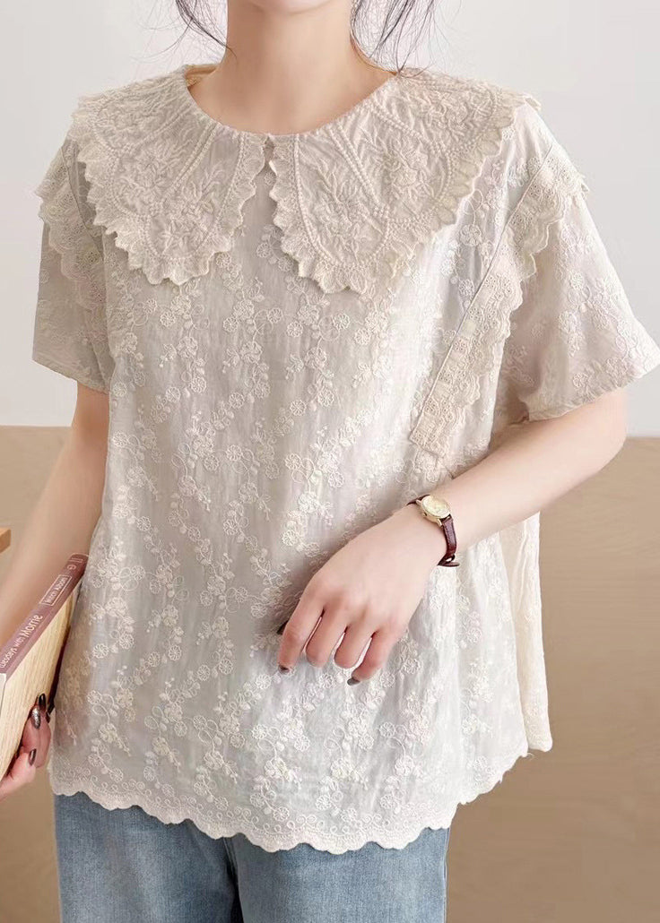 Pan Fine Embroidered Beige Collar Top Summer Cotton Peter
