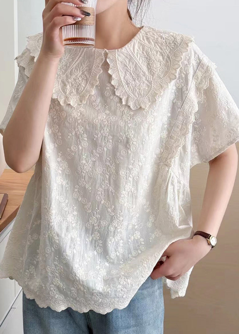 Pan Fine Embroidered Beige Collar Top Summer Cotton Peter